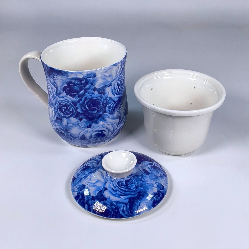 Harry & David Blue Rose Floral Ceramic Tea Infuser Mug with Lid and Strainer